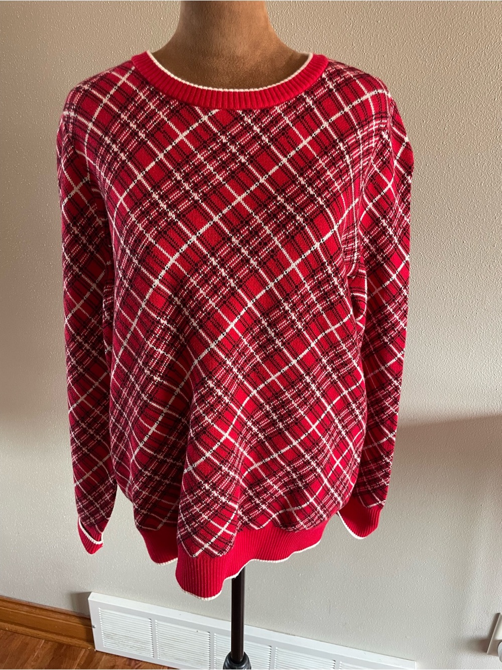 Lands' End Red Plaid Crewneck Sweater